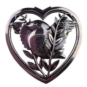 Sterling Silver Vintage Heart Brooch Bird & Leaf Cutout Unique Design